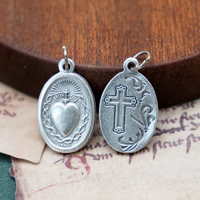 DIY小吊牌-圣心+十字架和花-锌合金-镀银-2.2cm Catholic religious art