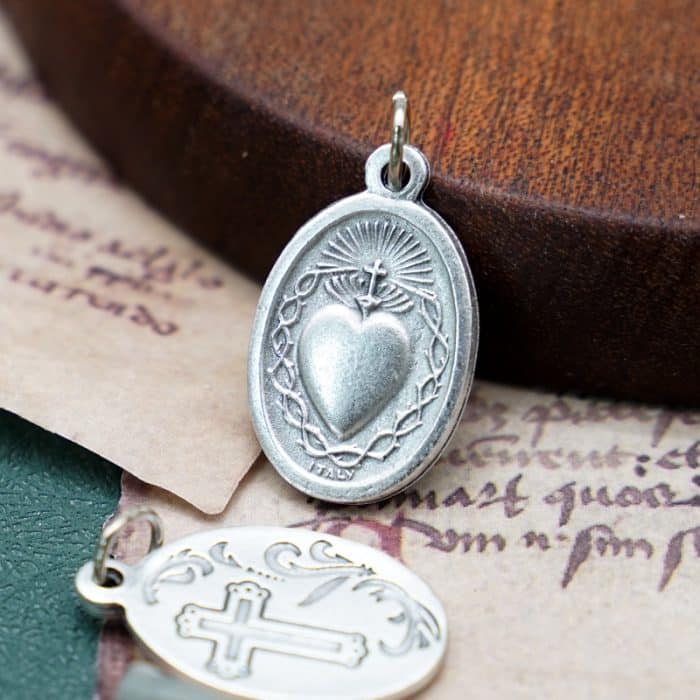 DIY小吊牌-圣心+十字架和花-锌合金-镀银-2.2cm Catholic religious art