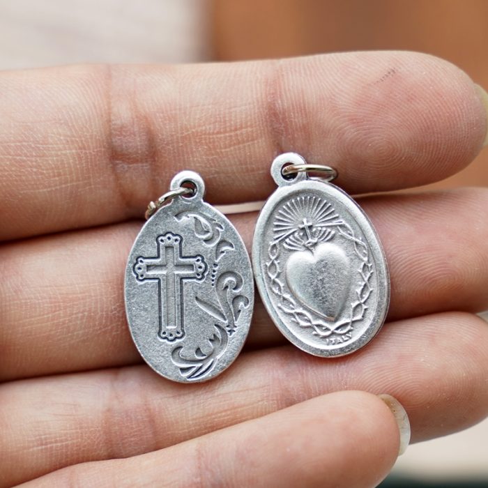 DIY小吊牌-圣心+十字架和花-锌合金-镀银-2.2cm Catholic religious art