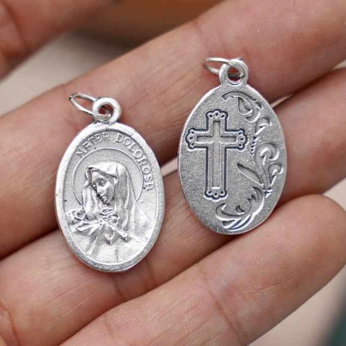 DIY小吊牌-痛苦圣母+十字架和花-锌合金-2.2cm Catholic religious art