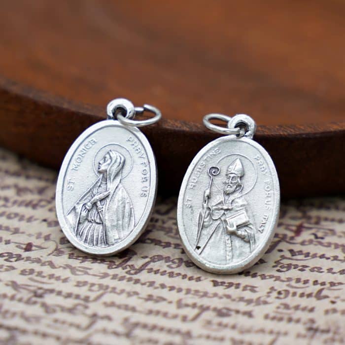 DIY小吊牌-圣奥斯定+圣妇莫尼加-锌合金-镀银-2.2cm Catholic religious art