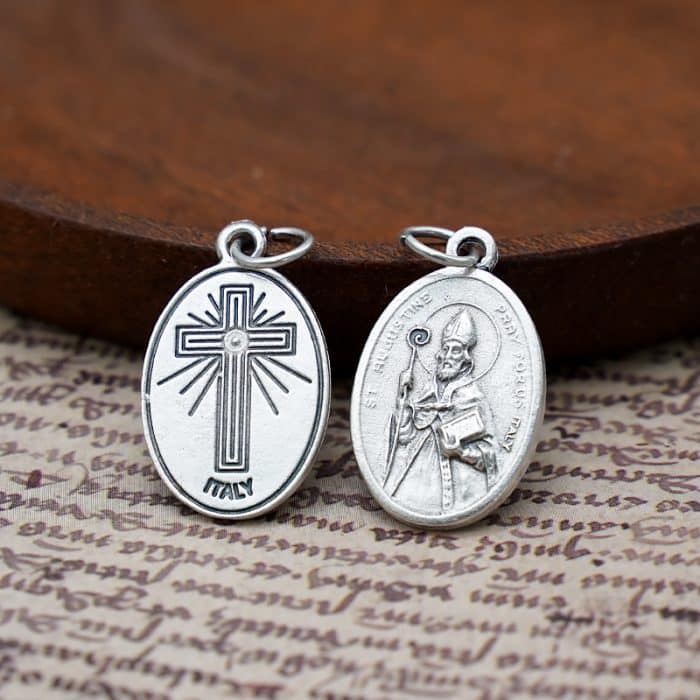 DIY小吊牌-圣奥斯定+十字架-锌合金-镀银-2.2cm Catholic religious art