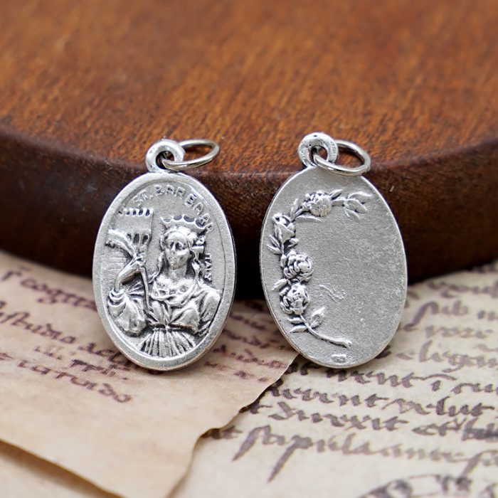 DIY小吊牌-圣芭芭拉+玫瑰花-锌合金-2.2cm Catholic religious art