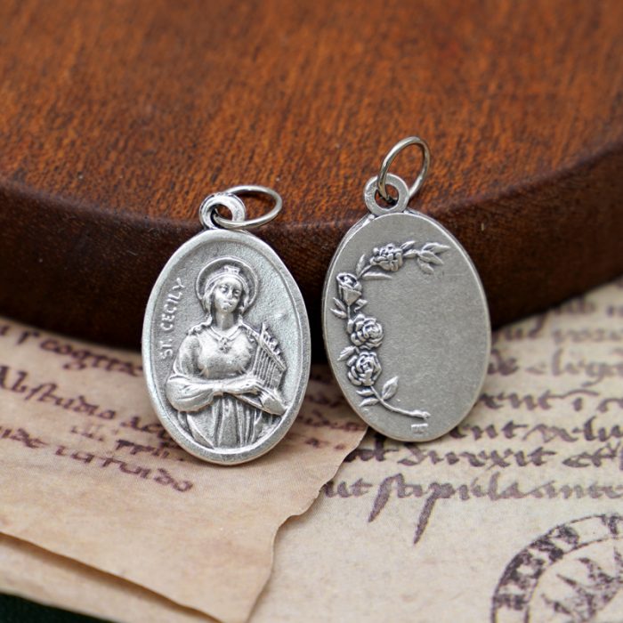 DIY小吊牌-圣则济利亚+玫瑰花-锌合金-2.2cm Catholic religious art