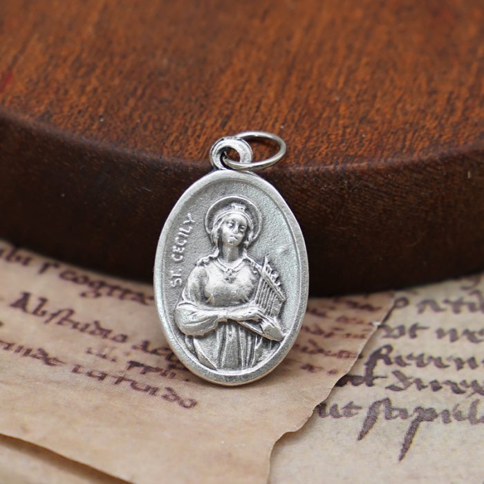 DIY小吊牌-圣则济利亚+玫瑰花-锌合金-2.2cm Catholic religious art