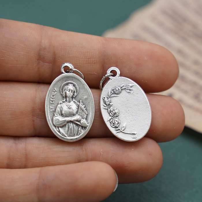 DIY小吊牌-圣则济利亚+玫瑰花-锌合金-2.2cm Catholic religious art