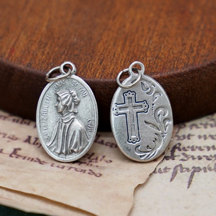 DIY小吊牌-圣伊莉莎白塞顿+十字架和花-锌合金-2.2cm Catholic religious art