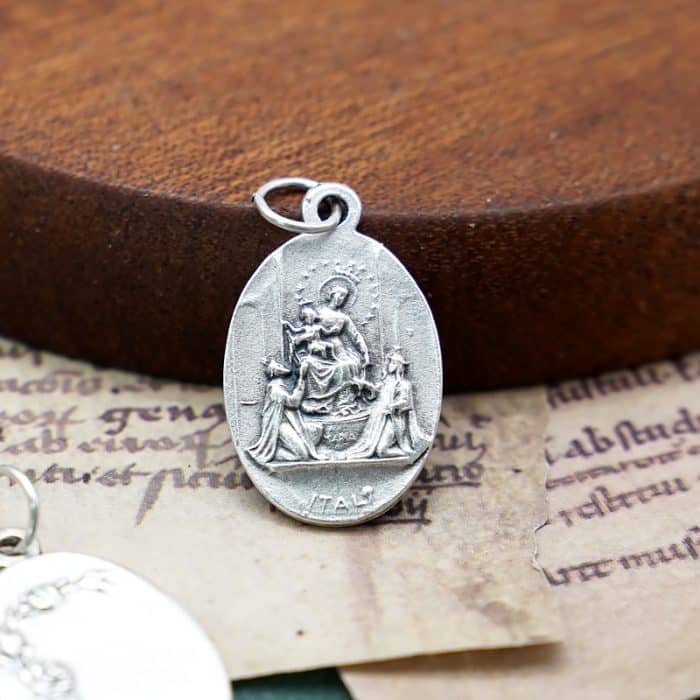 DIY小吊牌-庞贝玫瑰圣母+圣神和字为我们祈祷-锌合金-镀银-2.2cm Catholic religious art