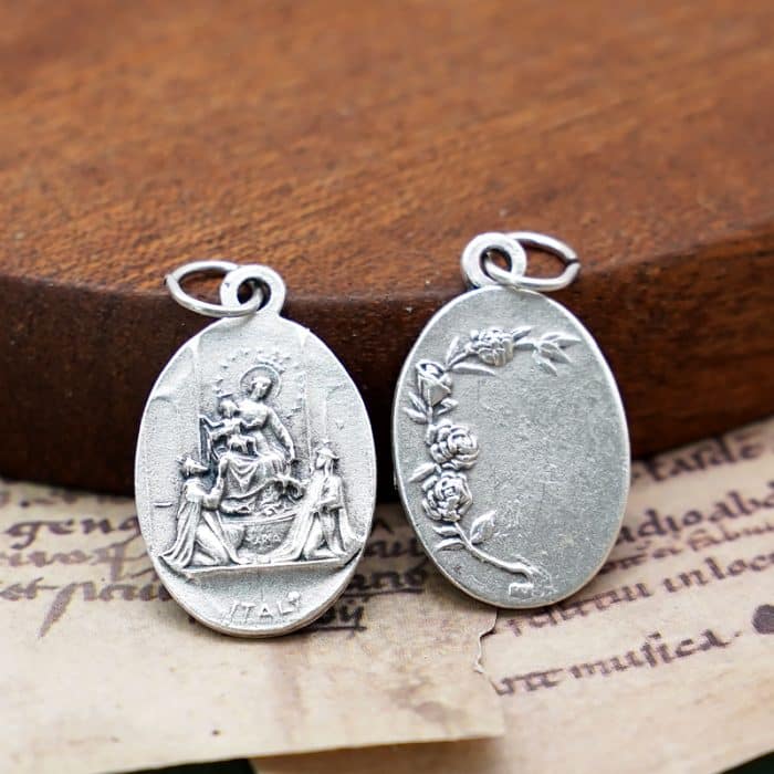 DIY小吊牌-庞贝玫瑰圣母+圣神和字为我们祈祷-锌合金-镀银-2.2cm Catholic religious art