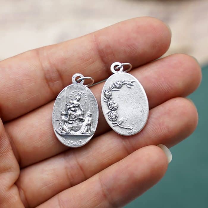 DIY小吊牌-庞贝玫瑰圣母+圣神和字为我们祈祷-锌合金-镀银-2.2cm Catholic religious art