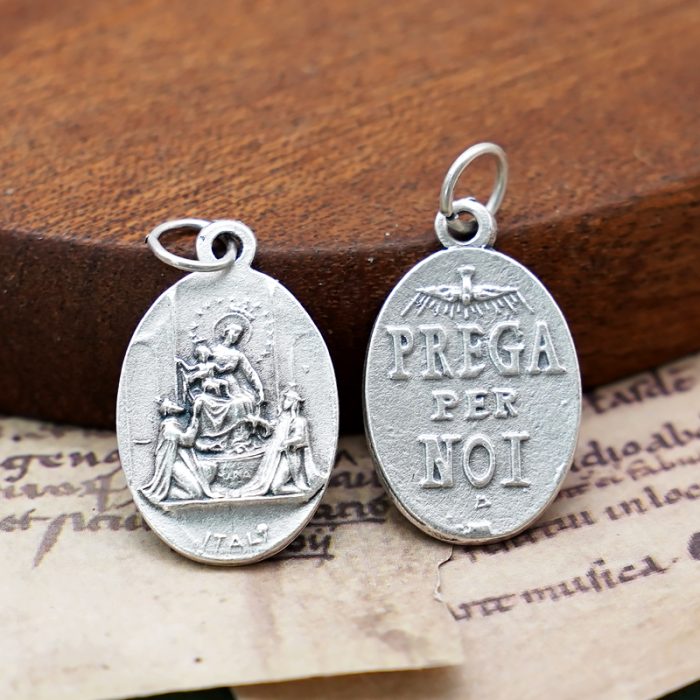 DIY小吊牌-庞贝玫瑰圣母+字为我们祈祷-锌合金-镀银-2.2cm Catholic religious art