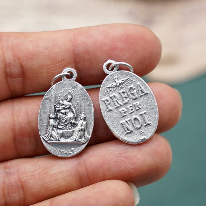 DIY小吊牌-庞贝玫瑰圣母+字为我们祈祷-锌合金-镀银-2.2cm Catholic religious art