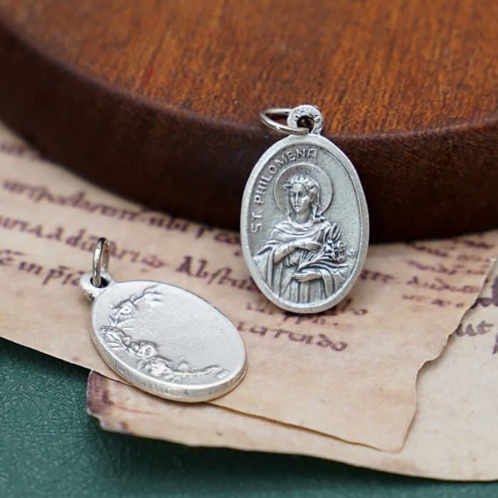 DIY小吊牌-圣女菲洛美娜+玫瑰花-锌合金-镀银-2.2cm Catholic religious art