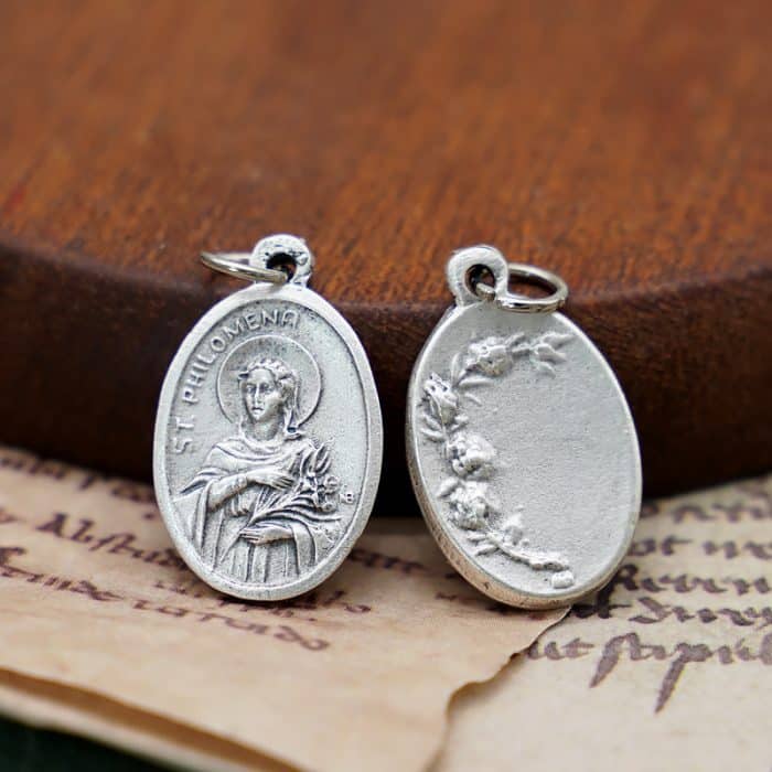 DIY小吊牌-圣女菲洛美娜+玫瑰花-锌合金-镀银-2.2cm Catholic religious art