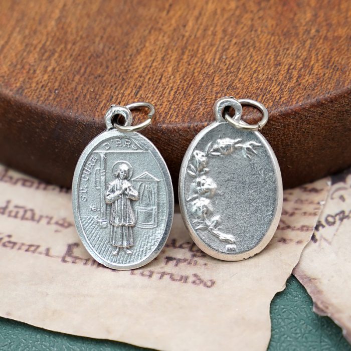 DIY小吊牌-圣维雅纳神父+玫瑰花-锌合金-镀银-2.2cm Catholic religious art