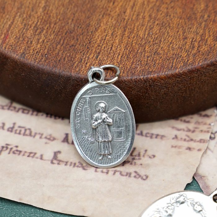 DIY小吊牌-圣维雅纳神父+玫瑰花-锌合金-镀银-2.2cm Catholic religious art