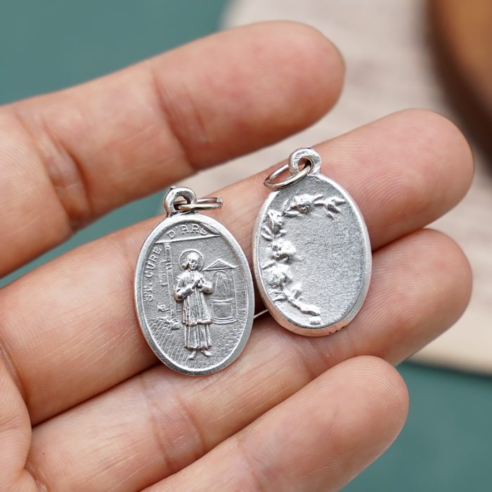 DIY小吊牌-圣维雅纳神父+玫瑰花-锌合金-镀银-2.2cm Catholic religious art