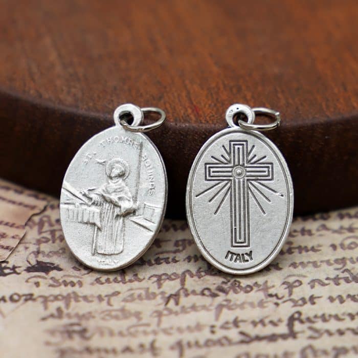 DIY小吊牌-圣托马斯·阿奎纳+十字架-锌合金-镀银-2.2cm Catholic religious art