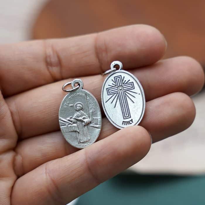 DIY小吊牌-圣托马斯·阿奎纳+十字架-锌合金-镀银-2.2cm Catholic religious art