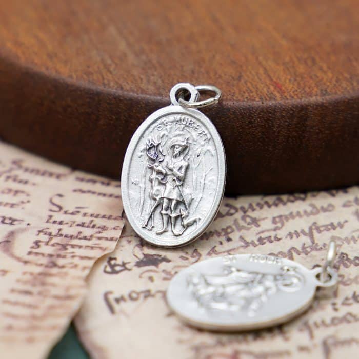 DIY小吊牌-圣胡伯与鹿+罗格-锌合金-2.2cm Catholic religious art