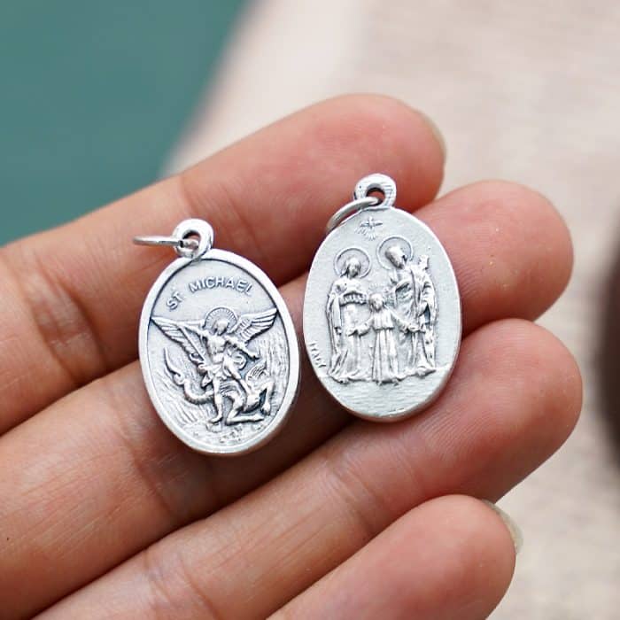 DIY小吊牌-圣弥额尔+圣家-锌合金-镀银-2.2cm Catholic religious art