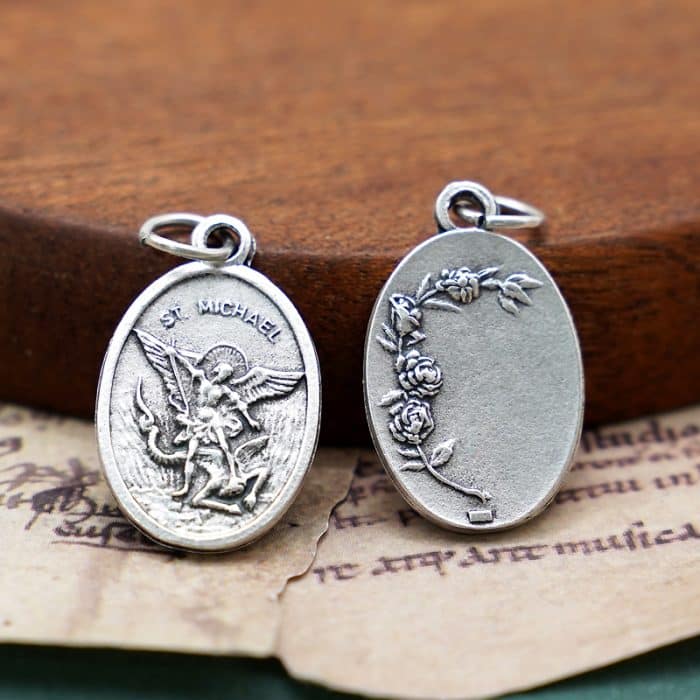 DIY小吊牌-圣弥额尔+玫瑰花-锌合金-镀银-2.2cm Catholic religious art