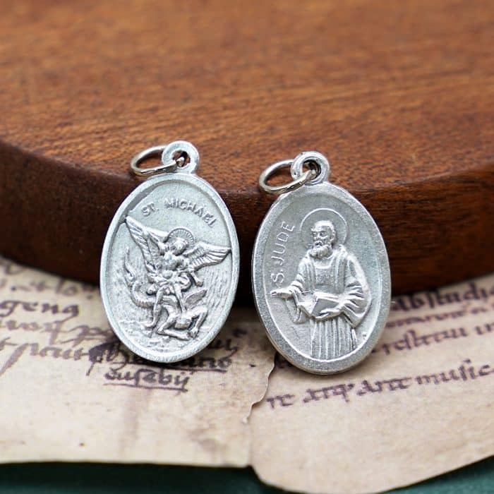 DIY小吊牌-圣弥额尔+圣达陡-锌合金-镀银-2.2cm Catholic religious art