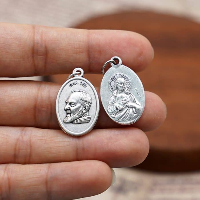 DIY小吊牌-庇护神父+耶稣圣心-锌合金-镀银-2.2cm Catholic religious art