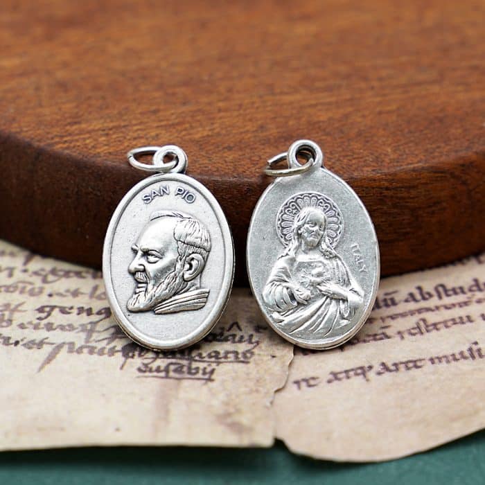 DIY小吊牌-庇护神父+耶稣圣心-锌合金-镀银-2.2cm Catholic religious art