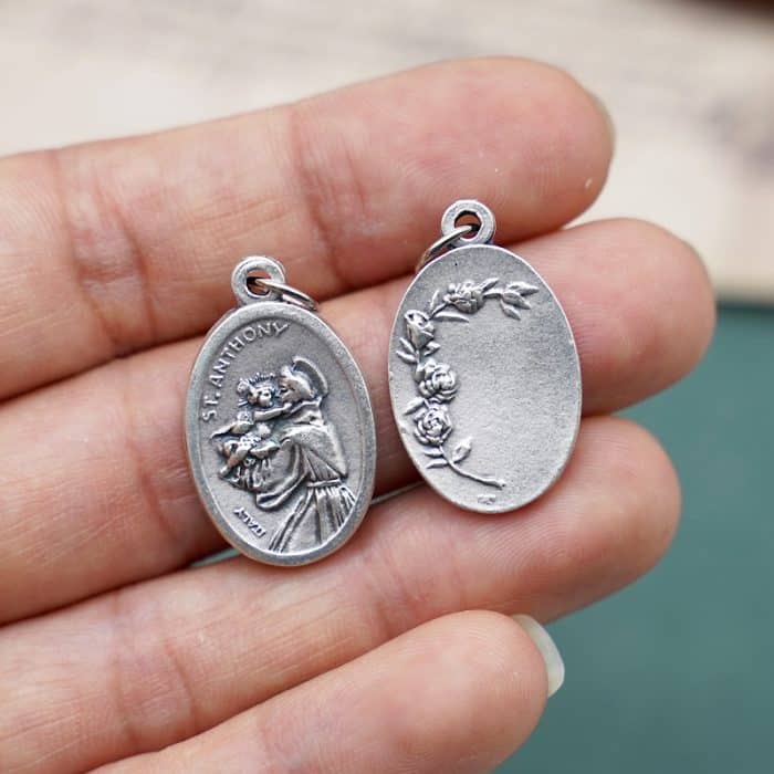 DIY小吊牌-安多尼+玫瑰花-锌合金-镀银-2.2cm Catholic religious art