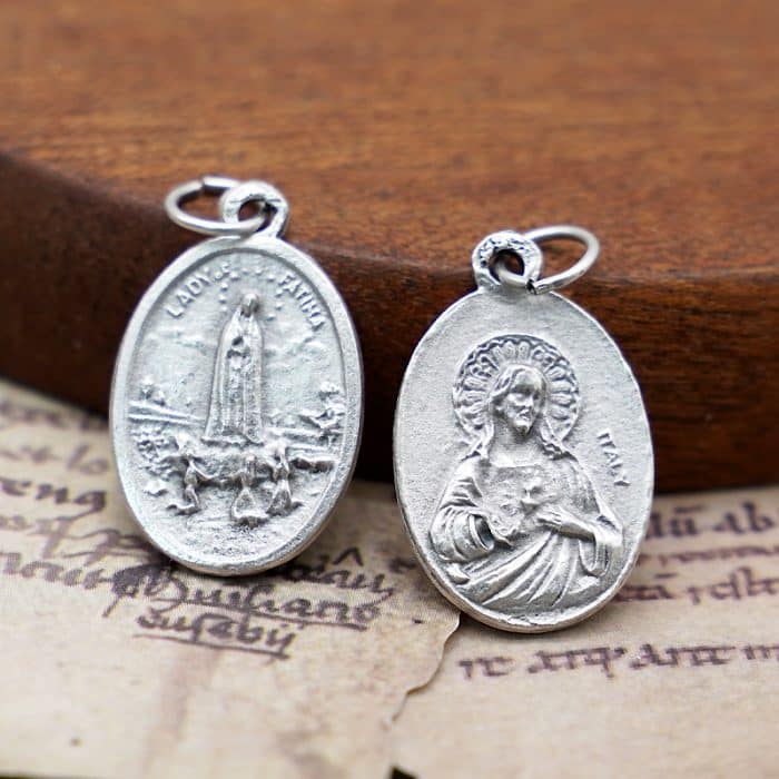 DIY小吊牌-法蒂玛+耶稣圣心-锌合金-镀银-2.2cm Catholic religious art