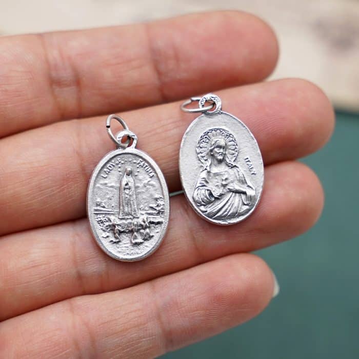 DIY小吊牌-法蒂玛+耶稣圣心-锌合金-镀银-2.2cm Catholic religious art
