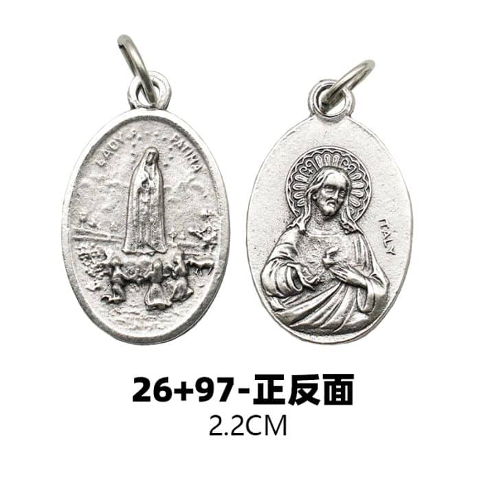 DIY小吊牌-法蒂玛+耶稣圣心-锌合金-镀银-2.2cm Catholic religious art