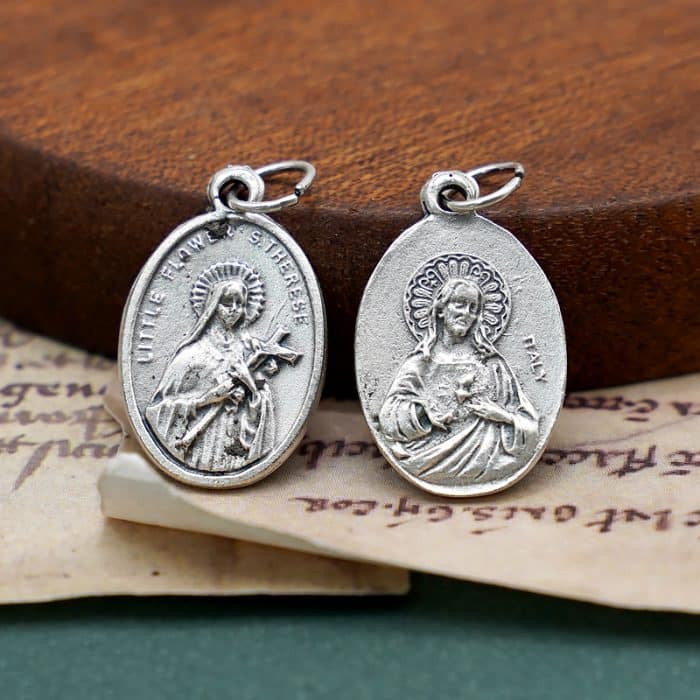 DIY小吊牌-小德兰+耶稣圣心-锌合金-镀银-2.2cm Catholic religious art