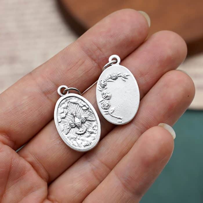 DIY小吊牌-圣神+玫瑰花-锌合金-镀银-2.2cm Catholic religious art