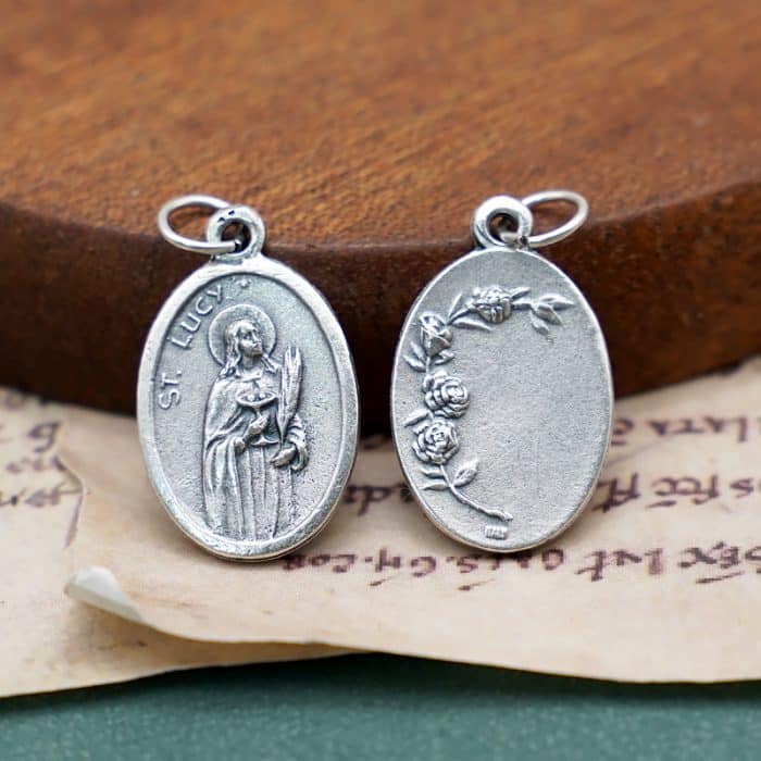 DIY小吊牌-路济亚+玫瑰花-锌合金-镀银-2.2cm Catholic religious art