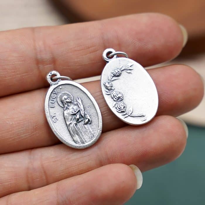 DIY小吊牌-路济亚+玫瑰花-锌合金-镀银-2.2cm Catholic religious art