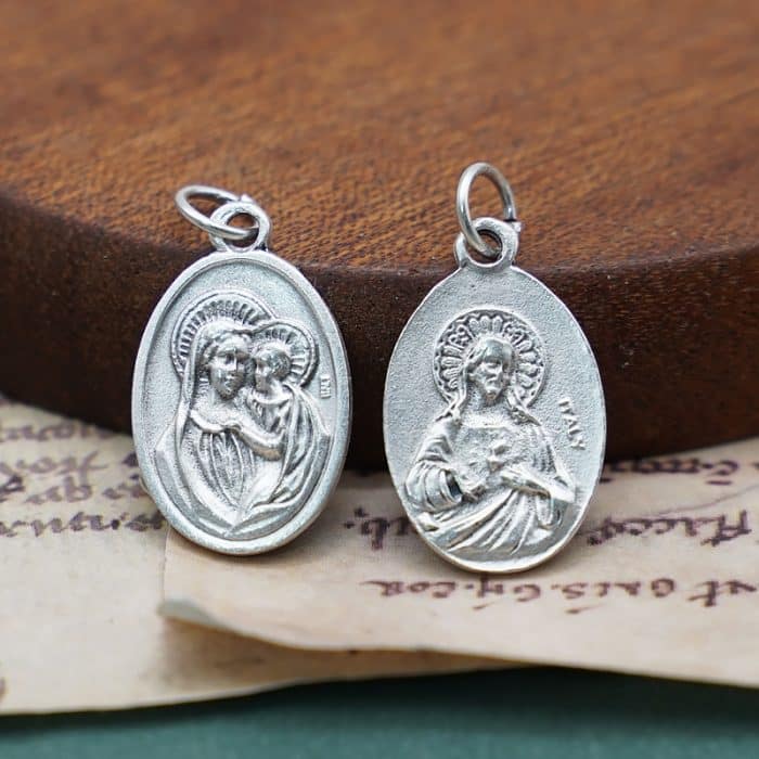 DIY小吊牌-善导圣母+耶稣圣心-锌合金-镀银-2.2cm Catholic religious art