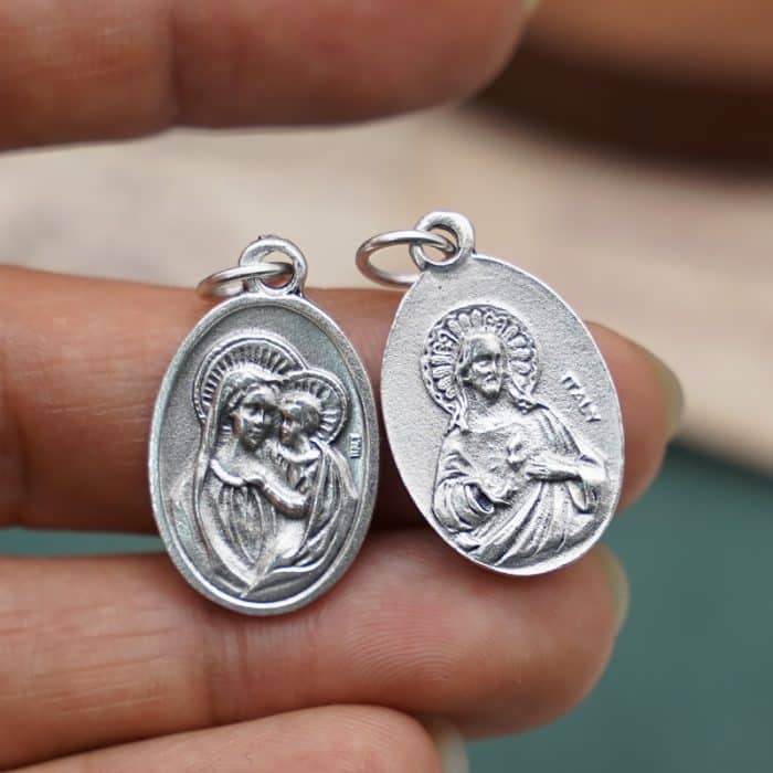 DIY小吊牌-善导圣母+耶稣圣心-锌合金-镀银-2.2cm Catholic religious art