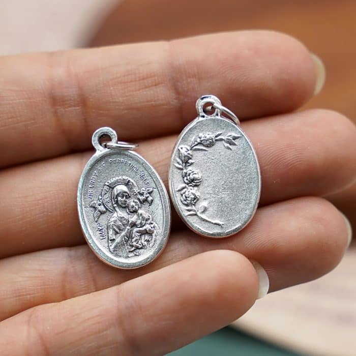 DIY小吊牌-永援圣母+玫瑰花-锌合金-镀银-2.2cm Catholic religious art