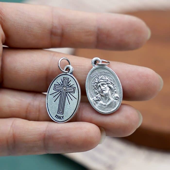 DIY小吊牌-耶稣头像+十字架-锌合金-镀银-2.2cm Catholic religious art