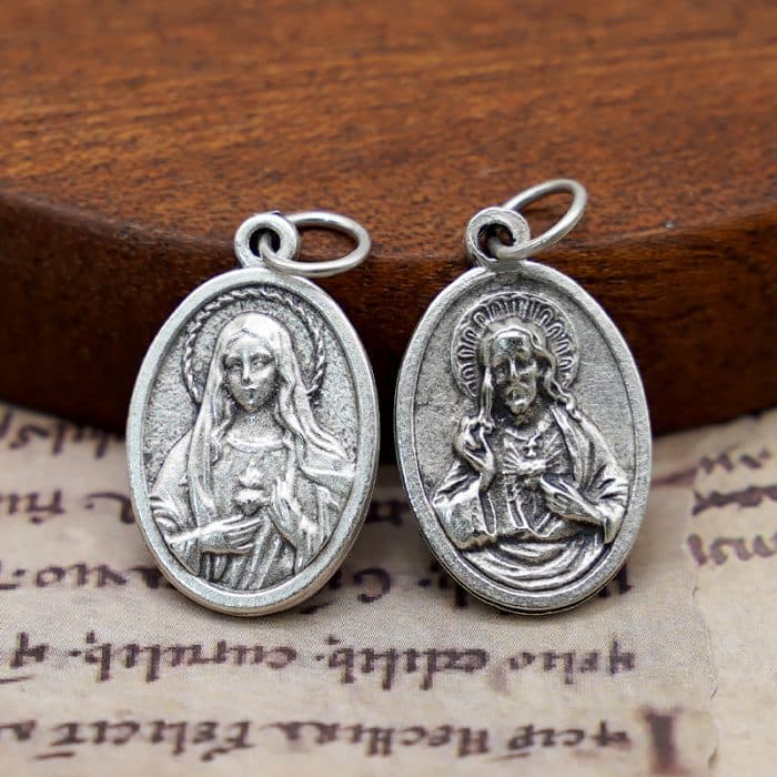 DIY小吊牌-耶稣圣心+圣母圣心-锌合金-镀银-2.2cm Catholic religious art