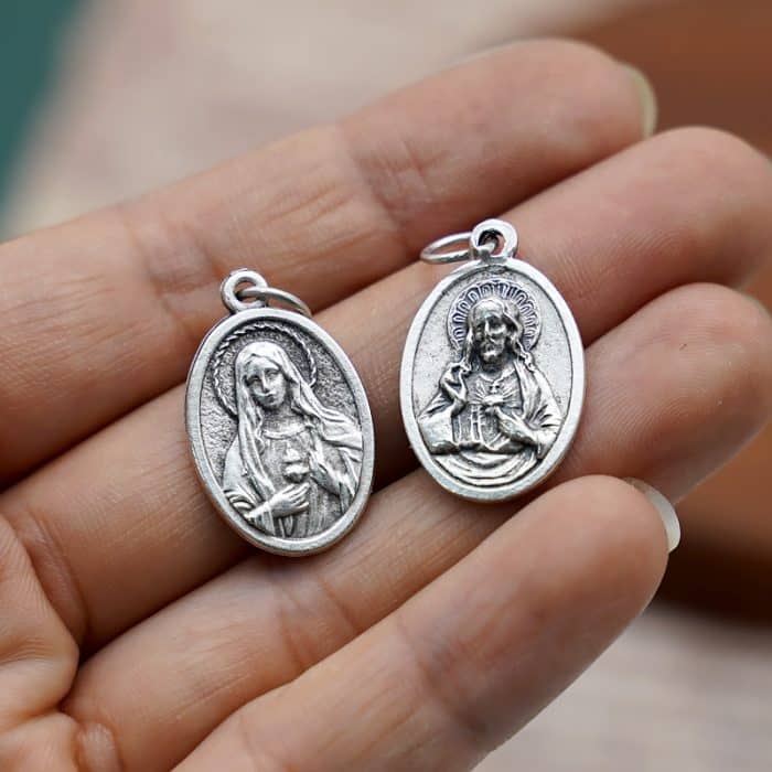 DIY小吊牌-耶稣圣心+圣母圣心-锌合金-镀银-2.2cm Catholic religious art