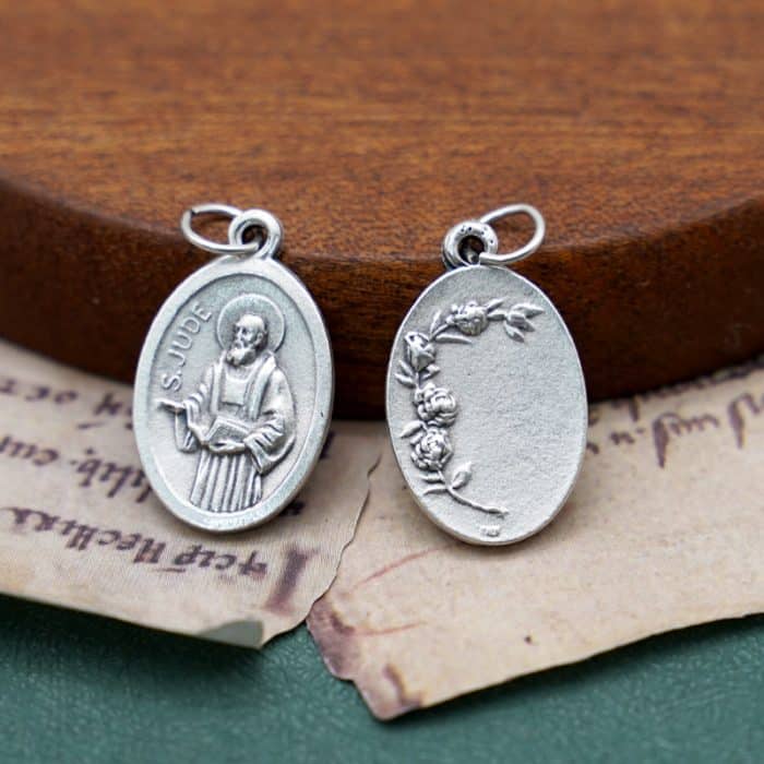 DIY小吊牌-圣达陡+玫瑰花-锌合金-镀银-2.2cm Catholic religious art