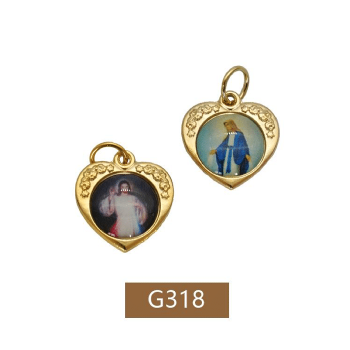 DIY小吊牌-心形带玫瑰花-上主慈悲+无染原罪-锌合金-金色-双面树脂图-1.6cm Catholic religious art