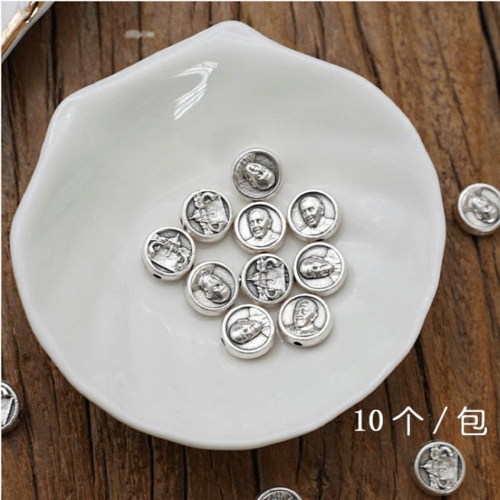 DIY珠子-教宗方济各-圆形-锌合金-镀银-0.9cm-10颗/包 Catholic religious art