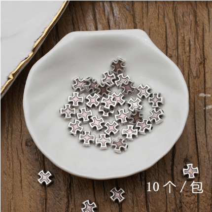 DIY珠子-十字架-锌合金-浅粉珐琅-0.8cm-10颗/包
