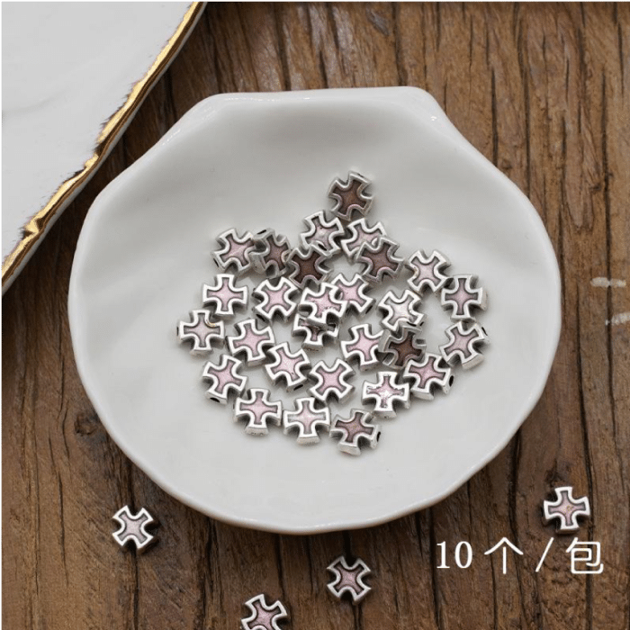 DIY珠子-十字架-锌合金-浅粉珐琅-0.8cm-10颗/包 Catholic religious art