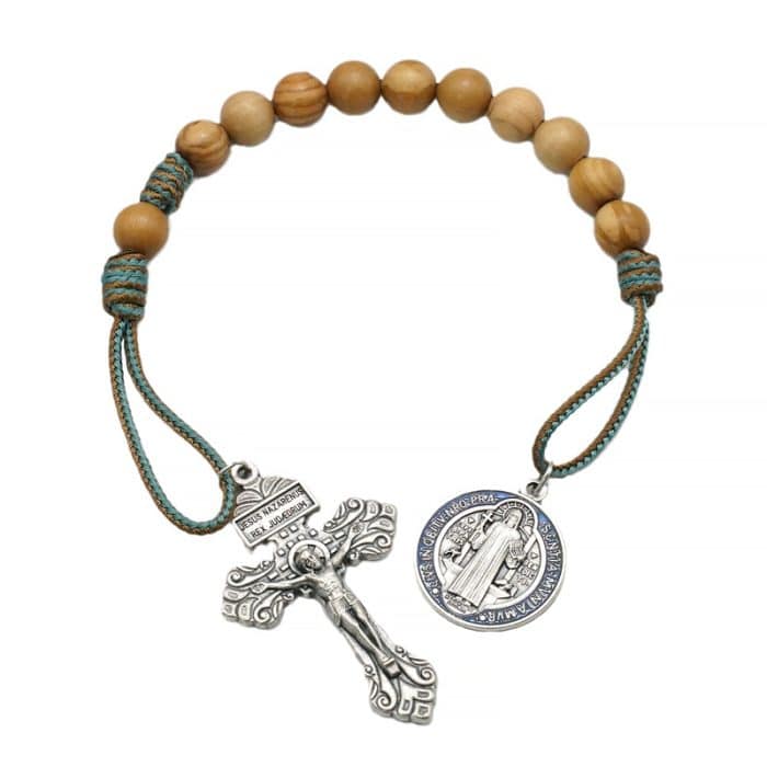 绳编手链-本笃-橄榄木-蓝珐琅彩-10mm珠径 Catholic religious art