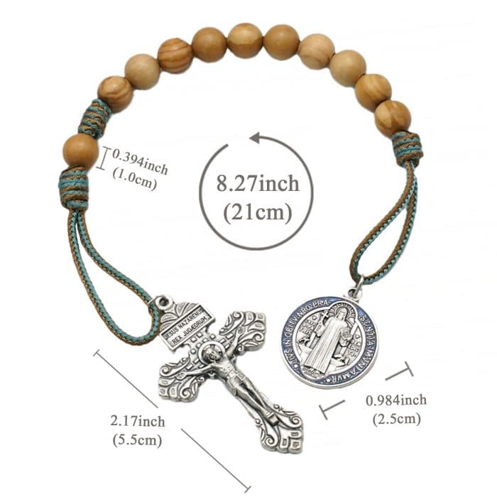 绳编手链-本笃-橄榄木-蓝珐琅彩-10mm珠径 Catholic religious art